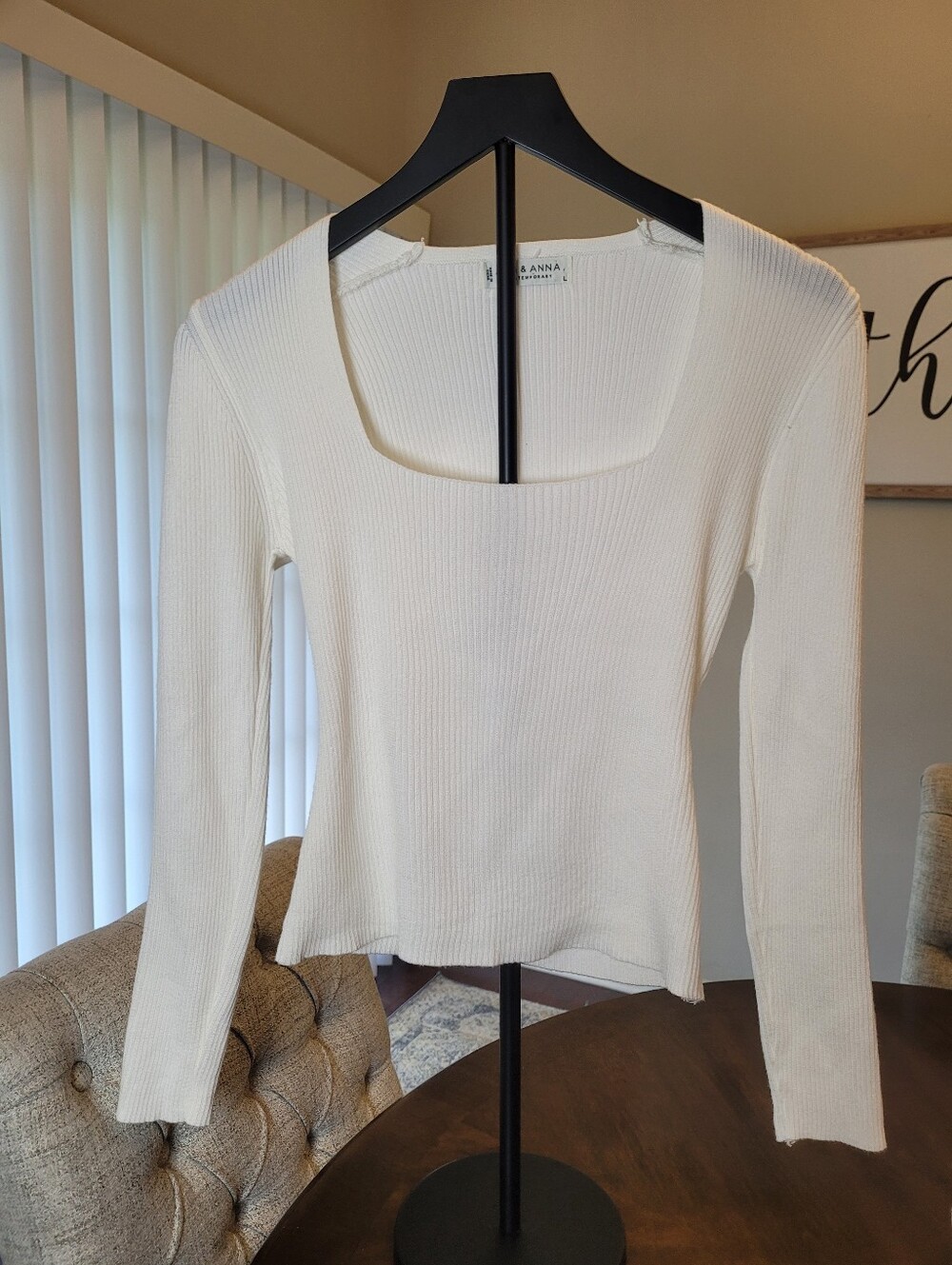 Jon and Anna Ribbed Square-Neck Long-Sleeve Top in Cream.  Size L